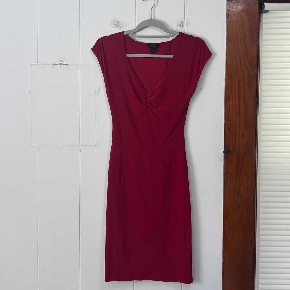 Express Womens Red Ruched V-Neck Open Back Bodycon Sheath Dress XS